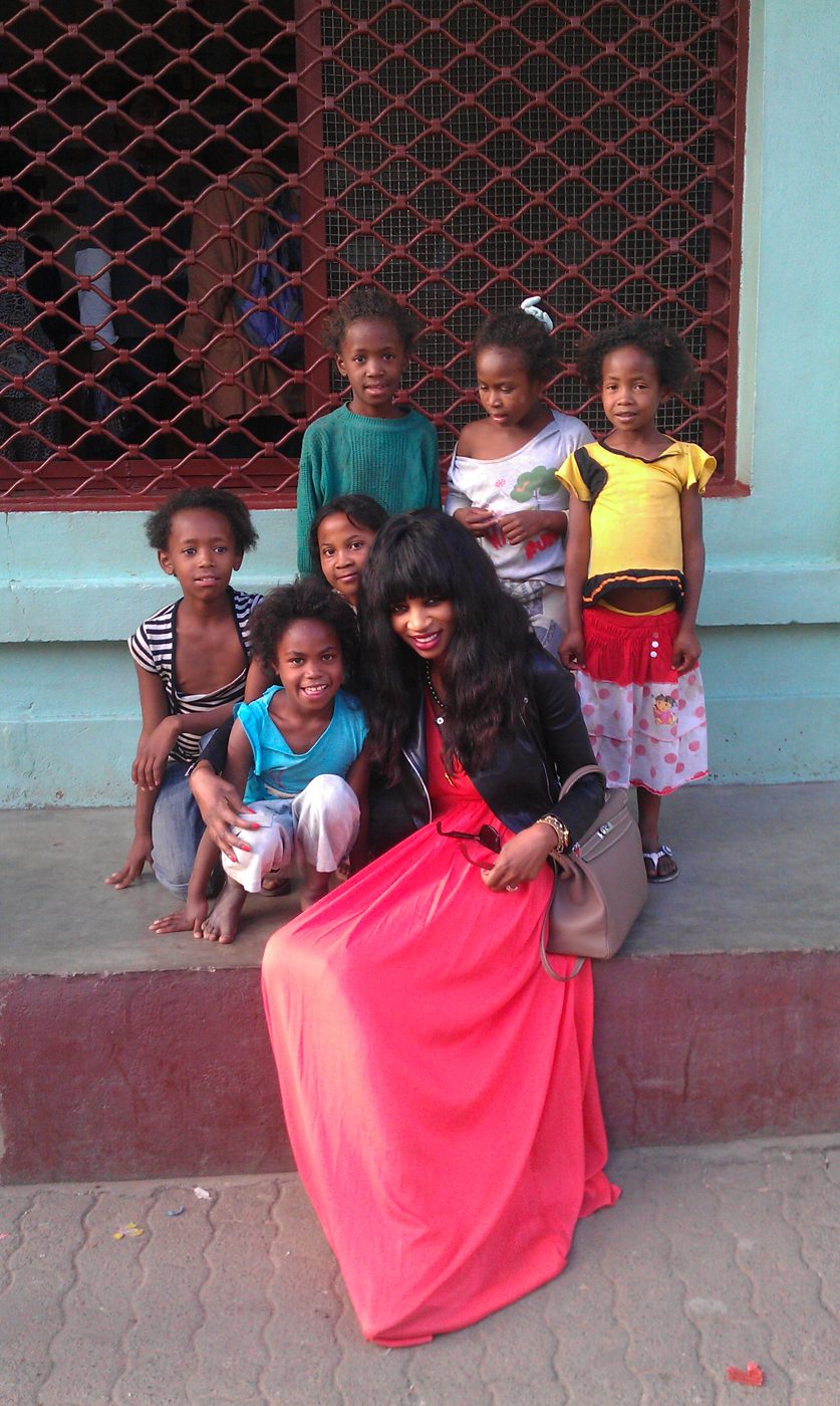Irene Malin with children in Madagascar